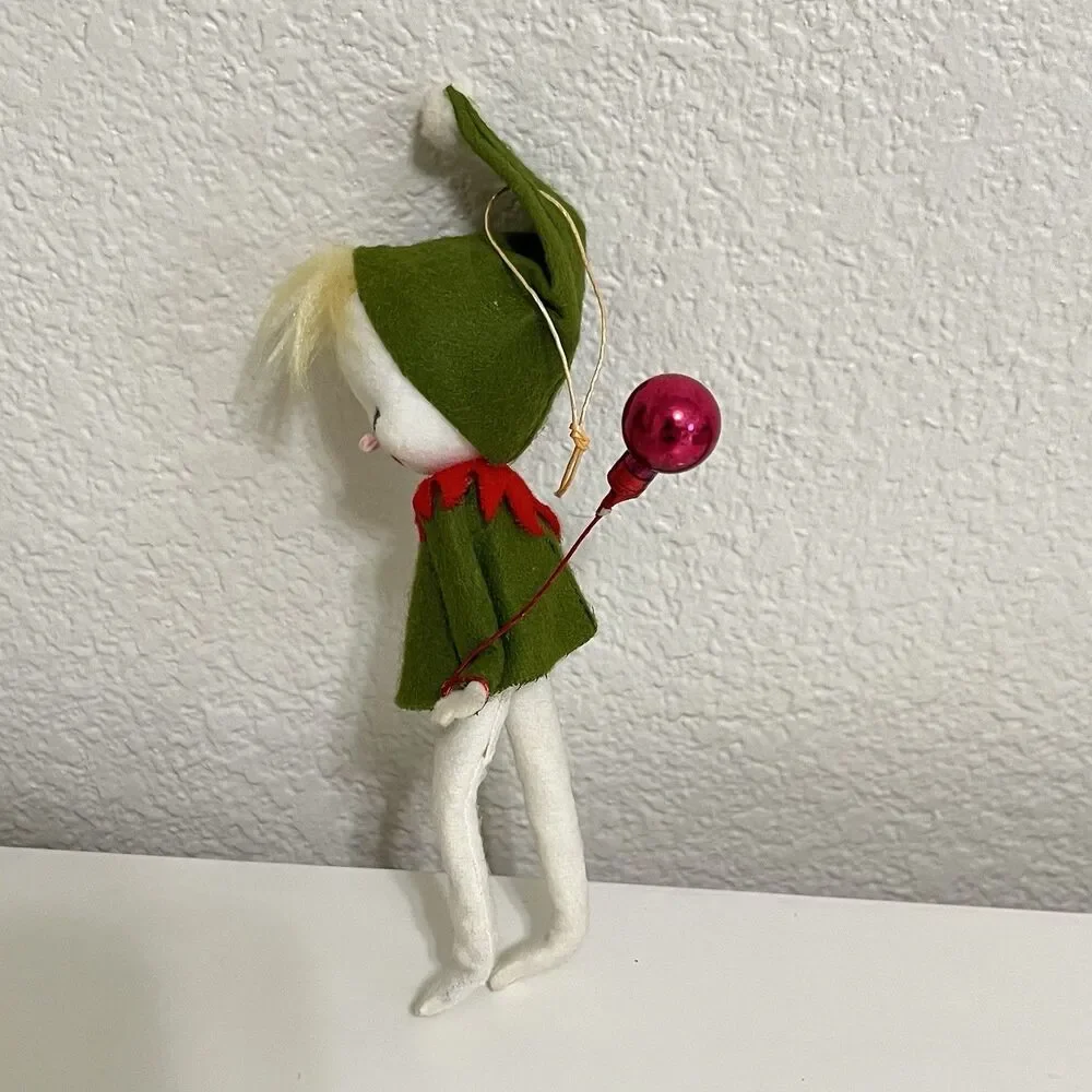 Vintage Flocked Felt Snow Baby Elf Christmas Ornaments Holding Balloons Lot of 2